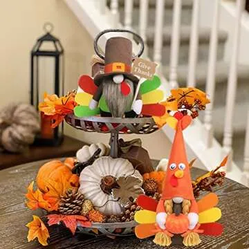 Thanksgiving Gnome Plush Decorations - 2 Pcs Mr and Mrs Turkey Gnomes Handmade Scandinavian Autumn Tomte - Fall Season Decor, Tiered Tray Decor, Thanksgiving Table Decoration, Housewarming Present