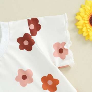 fhutpw Toddler Baby Girls Summer Outfits Daisy Ruffle Short Sleeve T-Shirts Tops Floral Shorts 2Pcs Clothes Set 6M-4T (B Floral White, 18-24 Months)