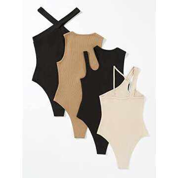 WDIRARA Women's 4 Pieces Cutout Crisscross Asymmetrical Rib Knit Skinny Bodysuit Multicolored M