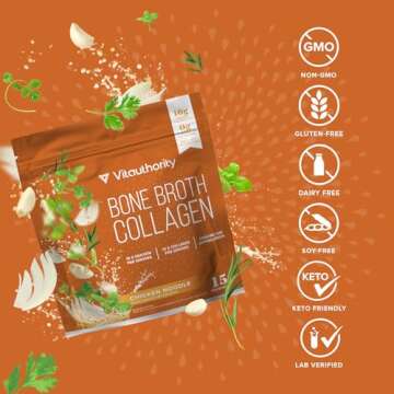 Vitauthority Bone Broth Collagen Delicious Chicken Noodle Flavored - Packed with 16g of Protein & Types I, II, III - Nourishes Skin, Hair, Nails, Joints, & Gut - Beef BoneBroth