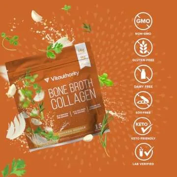 Vitauthority Bone Broth Collagen Delicious Chicken Noodle Flavored - Packed with 16g of Protein & Types I, II, III - Nourishes Skin, Hair, Nails, Joints, & Gut - Beef BoneBroth