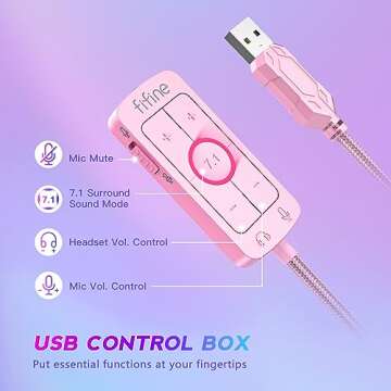 FIFINE USB Gaming Headset, PC Over-Ear Wired Streaming Headset with 3.5mm Jack, Detachable Microphone, 7.1 Surround Sound, Control Box, Passive Noise Cancellation, for PS5/Xbox/Switch-H9 Pink