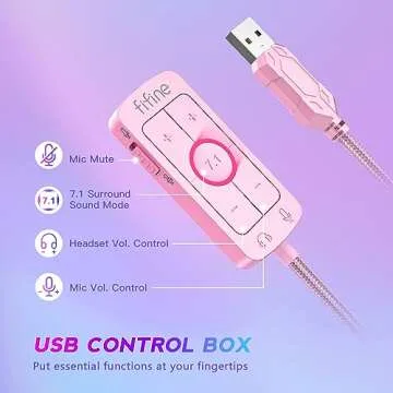 FIFINE USB Gaming Headset, PC Over-Ear Wired Streaming Headset with 3.5mm Jack, Detachable Microphone, 7.1 Surround Sound, Control Box, Passive Noise Cancellation, for PS5/Xbox/Switch-H9 Pink