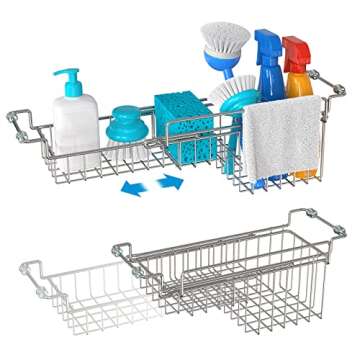 FavoThings Over The Kitchen Sink Caddy Sponge Holder Organizer Drying Rack Expandable for Sponge Brush Soap Dish Cloth Rag, Stainless Steel