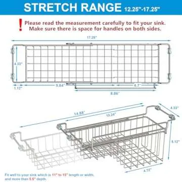 FavoThings Over The Kitchen Sink Caddy Sponge Holder Organizer Drying Rack Expandable for Sponge Brush Soap Dish Cloth Rag, Stainless Steel