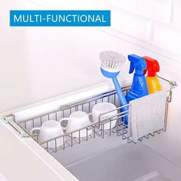 FavoThings Over The Kitchen Sink Caddy Sponge Holder Organizer Drying Rack Expandable for Sponge Brush Soap Dish Cloth Rag, Stainless Steel