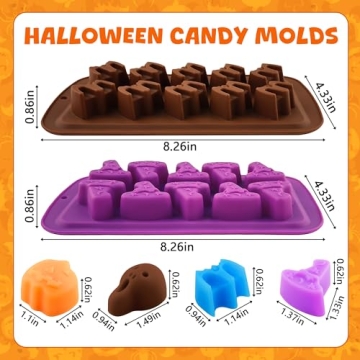 Halloween Candy Molds 4 Pcs Chocolate Molds Silicone with Ghost Pumpkin Bat & Witch Hat