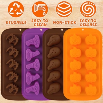 Halloween Candy Molds 4 Pcs Chocolate Molds Silicone with Ghost Pumpkin Bat & Witch Hat