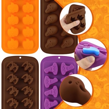 Halloween Candy Molds 4 Pcs Chocolate Molds Silicone with Ghost Pumpkin Bat & Witch Hat