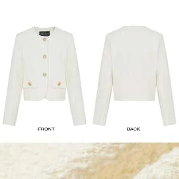 URBAN REVIVO Women's Casual Business Cropped Tweed Blazers Crew Neck Jackets Long Sleeve Short Blaze...