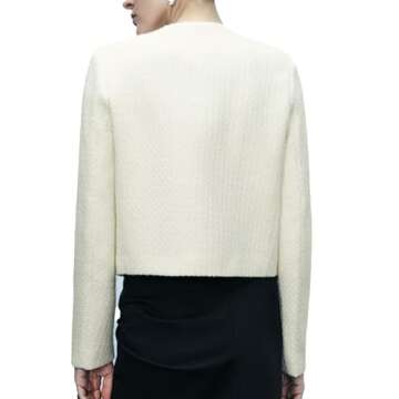 URBAN REVIVO Women's Casual Business Cropped Tweed Blazers Crew Neck Jackets Long Sleeve Short Blazer Suit for Work Office White