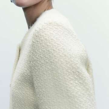 URBAN REVIVO Women's Casual Business Cropped Tweed Blazers Crew Neck Jackets Long Sleeve Short Blazer Suit for Work Office White