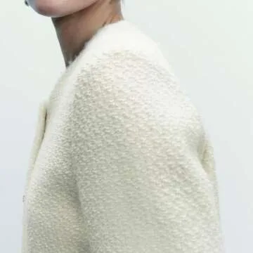 URBAN REVIVO Women's Casual Business Cropped Tweed Blazers Crew Neck Jackets Long Sleeve Short Blazer Suit for Work Office White