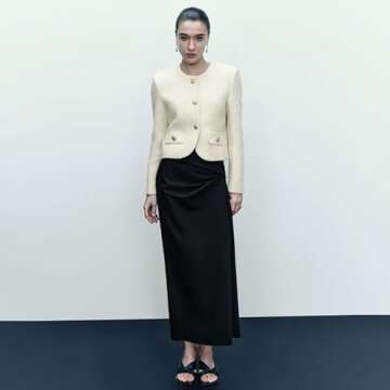 URBAN REVIVO Women's Casual Business Cropped Tweed Blazers Crew Neck Jackets Long Sleeve Short Blazer Suit for Work Office White