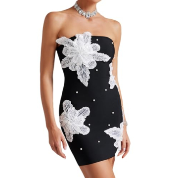 BELLA BARNETT 3D Flower Mini Strapless Dress Pearl Bandage Dress Sexy Bodycon Dress Black Garden Par...