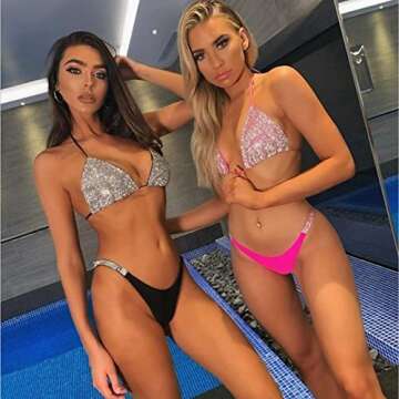 Women 2 Piece Suit Shiny Diamond Crystal Bathing Bikini Sexy Push Up Swimwear for Party Rave Clubwear B Pink