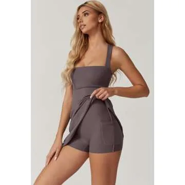 QINSEN Exercise Workout Dress for Women Square Neck Sleeveless Flare Tennis Dress with Shorts Pockets Rose Taupe L