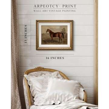 ARPEOTCY Vintage Gold Framed Horse Wall Art, Bedroom Bathroom Living Room Classic Horse Picture Wall Decor, Canvas Prints, Antique Picture Frame Rustic Paintings Home Farmhouse Decor, 13x16 Inch