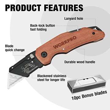 WORKPRO Folding Utility Knife with Stainless Steel Head, Quick-change Blade & Back Lock, Wood Handle...