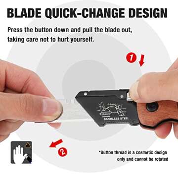 WORKPRO Folding Utility Knife with Stainless Steel Head, Quick-change Blade & Back Lock, Wood Handle Heavy Duty Box Cutter, 1PC Razor Knife with Extra 10PC SK5 Blades