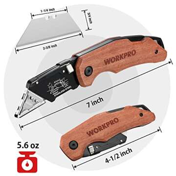 WORKPRO Folding Utility Knife with Stainless Steel Head, Quick-change Blade & Back Lock, Wood Handle Heavy Duty Box Cutter, 1PC Razor Knife with Extra 10PC SK5 Blades