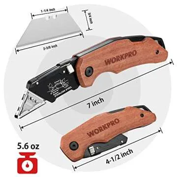 WORKPRO Folding Utility Knife with Stainless Steel Head, Quick-change Blade & Back Lock, Wood Handle Heavy Duty Box Cutter, 1PC Razor Knife with Extra 10PC SK5 Blades