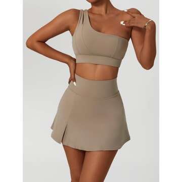 Tennis Dress for Women Athletic One Shoulder Sport Bra Sport Bra Skorts Skirts Sets High Waist Side Slipt Golf Skirts Medium Support Yoga Bra 2 Piece Workout Sets Khaki Small