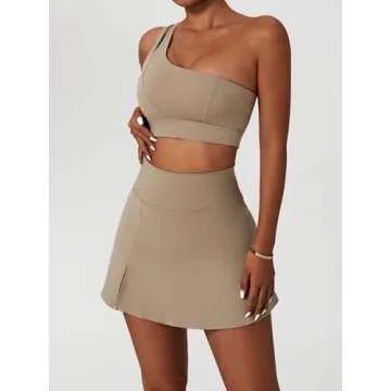 Tennis Dress for Women Athletic One Shoulder Sport Bra Sport Bra Skorts Skirts Sets High Waist Side Slipt Golf Skirts Medium Support Yoga Bra 2 Piece Workout Sets Khaki Small