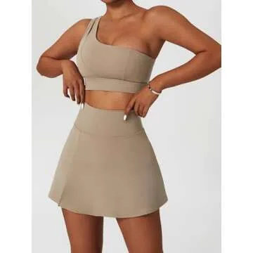 Tennis Dress for Women Athletic One Shoulder Sport Bra Sport Bra Skorts Skirts Sets High Waist Side Slipt Golf Skirts Medium Support Yoga Bra 2 Piece Workout Sets Khaki Small