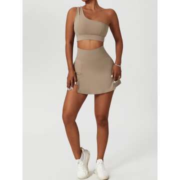 Tennis Dress for Women Athletic One Shoulder Sport Bra Sport Bra Skorts Skirts Sets High Waist Side Slipt Golf Skirts Medium Support Yoga Bra 2 Piece Workout Sets Khaki Small