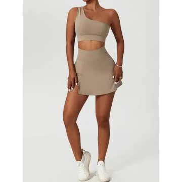 Tennis Dress for Women Athletic One Shoulder Sport Bra Sport Bra Skorts Skirts Sets High Waist Side Slipt Golf Skirts Medium Support Yoga Bra 2 Piece Workout Sets Khaki Small