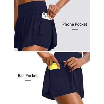 Flowy Running Shorts for Women with 4 Pockets 2 in 1 High Waisted Women's Butterfly Workout Athletic Tennis Skirt Shorts (Navy, L)