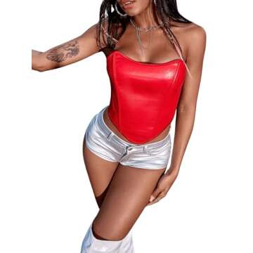 SOLY HUX Women's PU Leather Overbust Corset Bandana Tube Tops Lace up Strapless Boned Body Shaper Bustier Plain Red S