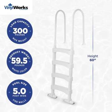 Vinyl Works Heavy Duty Anti Slip Plastic Step Ladder for Above Ground or In Ground Swimming Pools with Ergonomic Aluminum Handrails, White