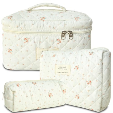 GISMTR 3Pcs Cotton Quilted Makeup Bag Set - Travel Cosmetic Pouch - Cute Aesthetic Floral Toiletry B...