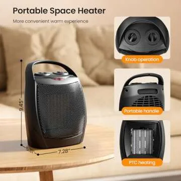 Kismile Small Electric Space Heater Ceramic Space Heater,Portable Heater Fan for Office with Adjustable Thermostat and Overheat Protection ETL Listed for Kitchen, 750W/1500W(Black)
