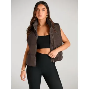 AUTOMET Puffer Vest Women Sleeveless Winter Cropped Outerwear Warm Puffer Lightweight Stand-up Collar Down with Pockets Coffee S