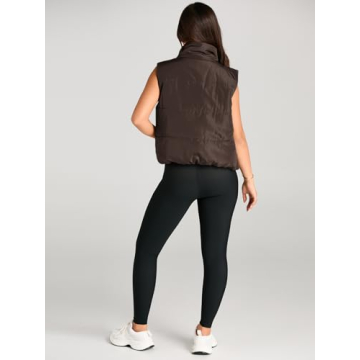 AUTOMET Puffer Vest Women Sleeveless Winter Cropped Outerwear Warm Puffer Lightweight Stand-up Collar Down with Pockets Coffee S