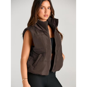 AUTOMET Puffer Vest Women Sleeveless Winter Cropped Outerwear Warm Puffer Lightweight Stand-up Collar Down with Pockets Coffee S