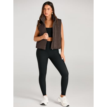 AUTOMET Puffer Vest Women Sleeveless Winter Cropped Outerwear Warm Puffer Lightweight Stand-up Collar Down with Pockets Coffee S