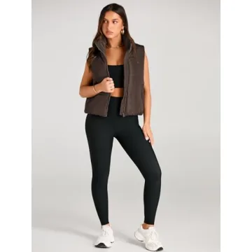 AUTOMET Puffer Vest Women Sleeveless Winter Cropped Outerwear Warm Puffer Lightweight Stand-up Collar Down with Pockets Coffee S