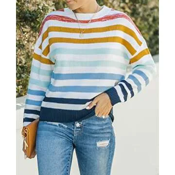 ZESICA Women's Fall Long Sleeve Crew Neck Striped Color Block Casual Loose Knitted Pullover Sweater ...
