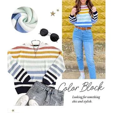 ZESICA Women's Fall Long Sleeve Crew Neck Striped Color Block Casual Loose Knitted Pullover Sweater Tops,Navy,Small