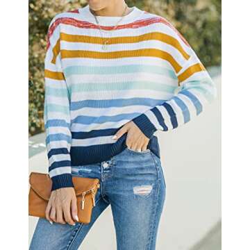 ZESICA Women's Fall Long Sleeve Crew Neck Striped Color Block Casual Loose Knitted Pullover Sweater Tops,Navy,Small