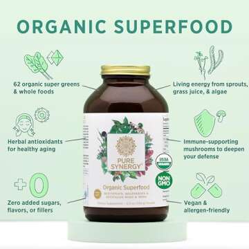 PURE SYNERGY Organic Superfood Powder | Organic Green Superfood Powder | Whole Food Supplement with Organic Greens, Spirulina and Mushrooms | for Energy, Healthy Aging, and Immune Health (12.5 oz)