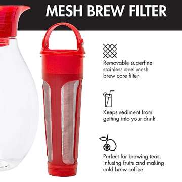 Primula The Big Iced Tea Maker Tritan Plastic Infusion Beverage Pitcher with Leak Proof, Airtight Lid, Fine Mesh Resuable Filter, Manufactured without PFOA, Dishwasher Safe, 1-Gallon, Red