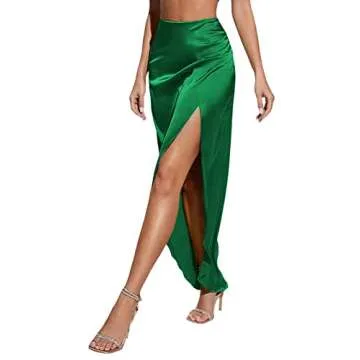 Rooscier Women's Satin Silk Midi Skirt High Waist Green
