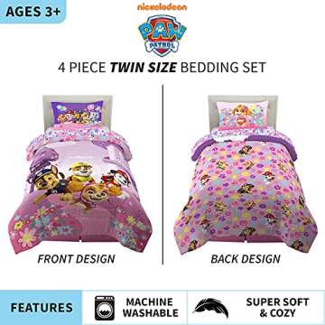Paw Patrol Girls Kids Bedding Super Soft Comforter and Sheet Set, (4 Piece) Twin Size, (Official) Nickelodeon Product By Franco