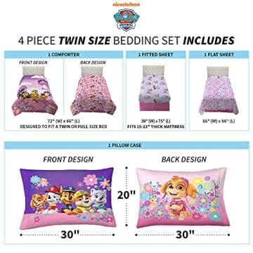 Paw Patrol Girls Kids Bedding Super Soft Comforter and Sheet Set, (4 Piece) Twin Size, (Official) Nickelodeon Product By Franco