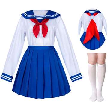 Elibelle Japanese School Girls Sailor JK Uniform Bule Pleated Skirt Anime Cosplay Costumes with Socks set(SSF31) 3XL